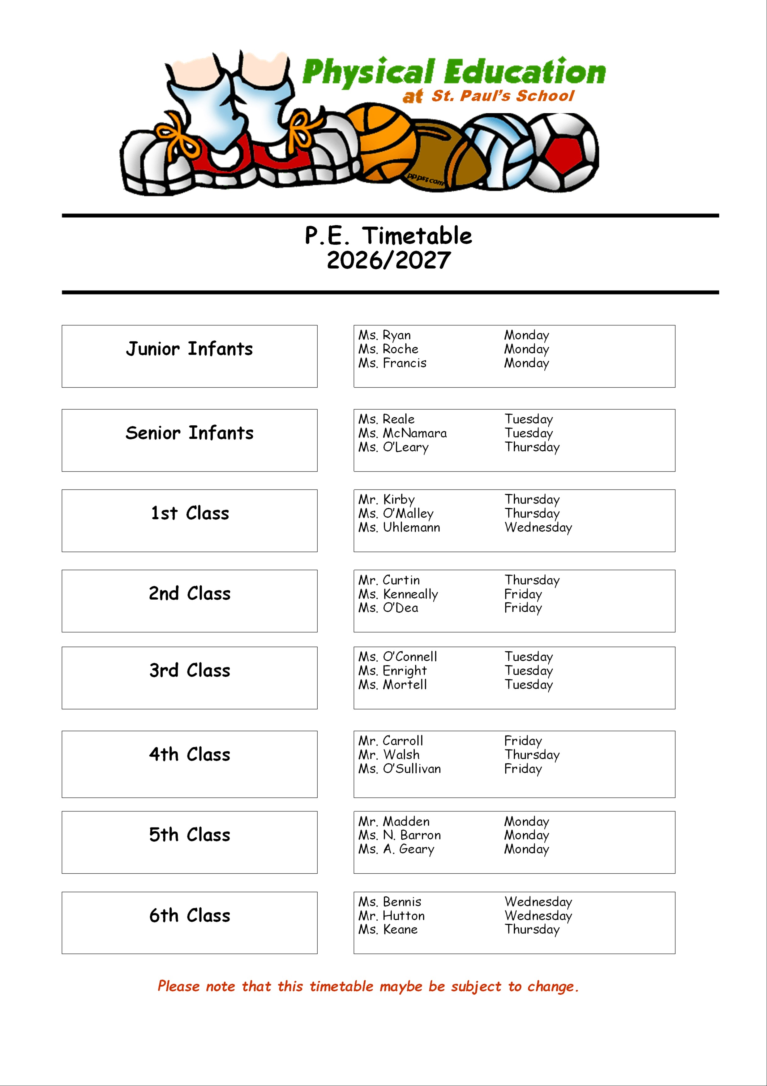 P.E. Timetable